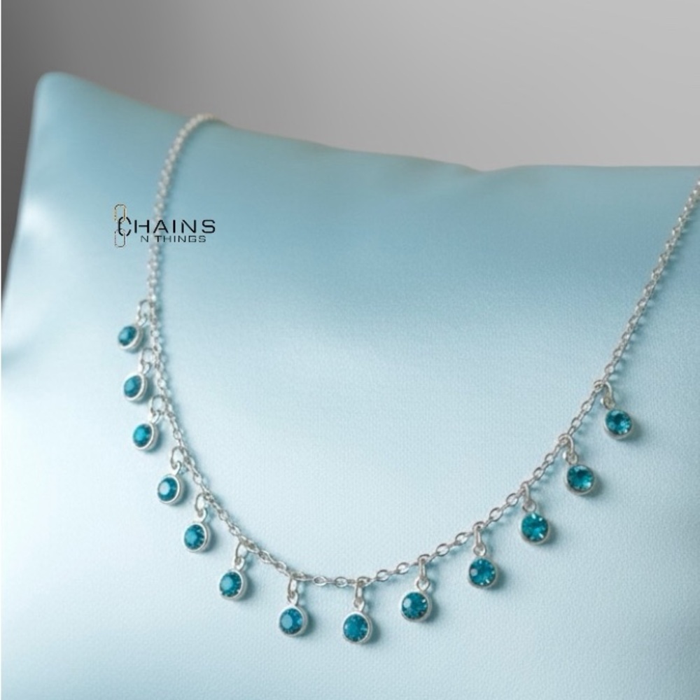 Elegant blue rhinestone silver plated over stainless steel dangling necklace 17"